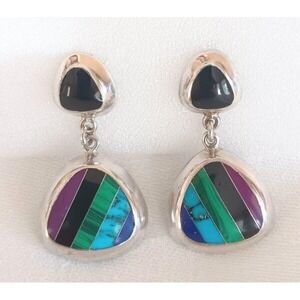 Big Vintage Mexico Sterling Silver Multi Stone Drop Earrings CII Turquoise Lapis